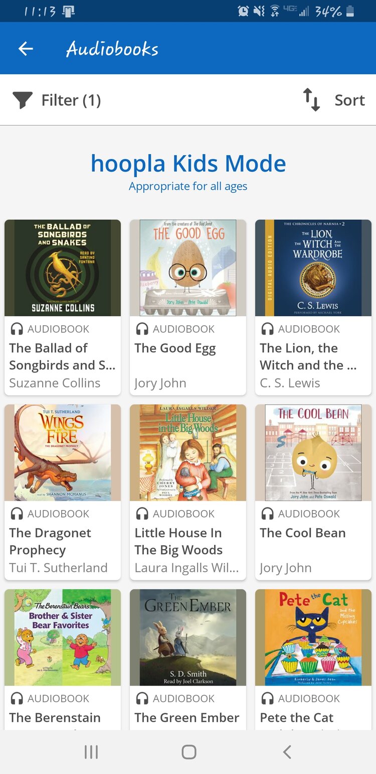 Figure 5: A screenshot of Hoopla’s kids’ mode on the phone version. The page shows popular audiobook options available for all ages to borrow. Source: Author.